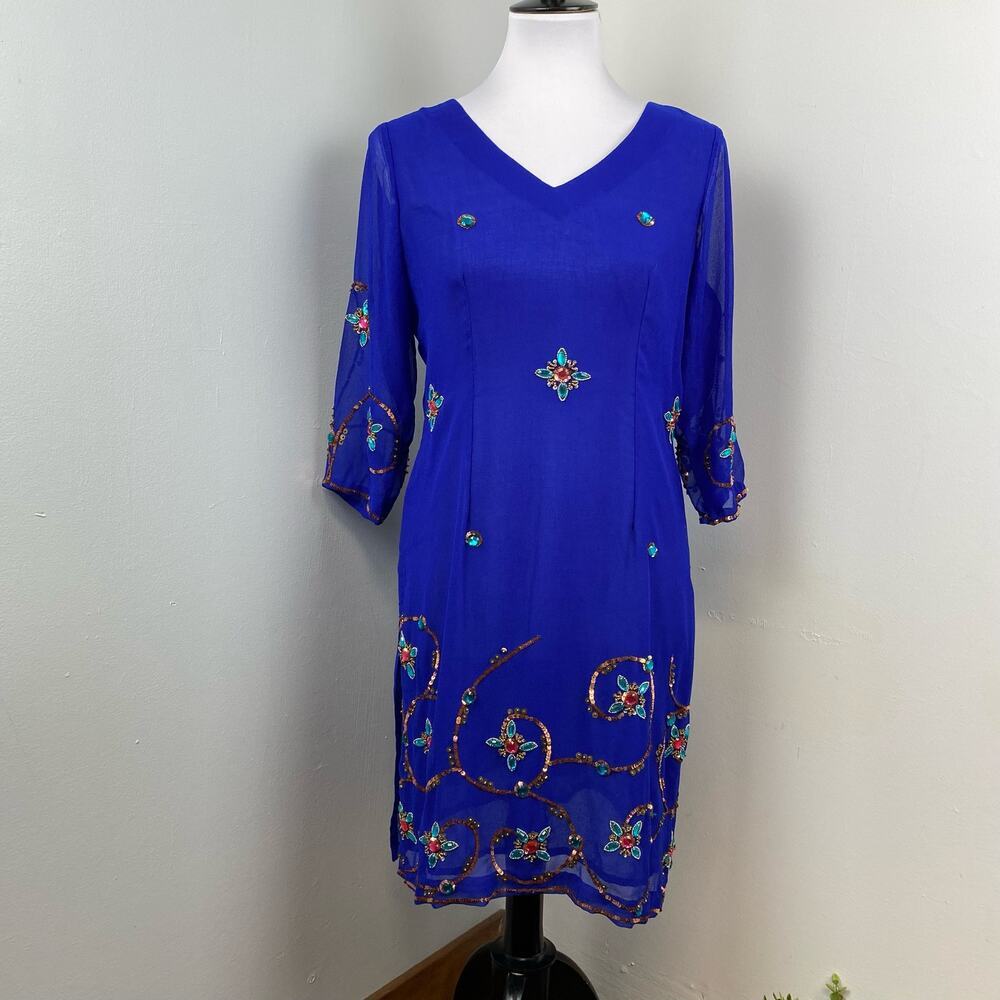 Vintage Blue Embellished Semi Sheer Tunic Top Medium